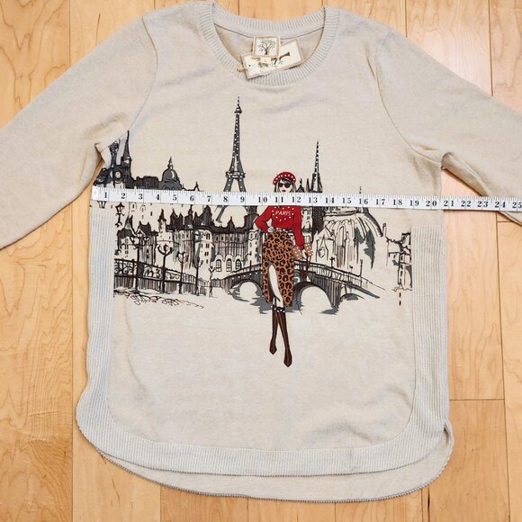 COLORTREE Paris M-L Red Barret Eiffel Tower Studs Decor Beige Sweater Top Tunic - Picture 12 of 16